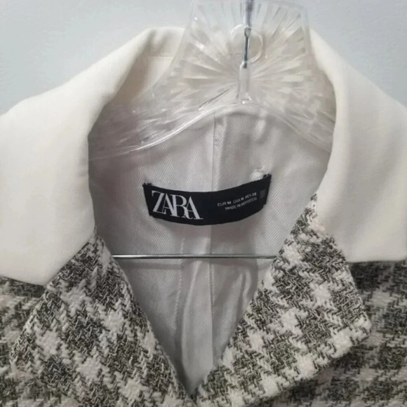 Zara Textured Plaid Houndstooth Cropped Jacket Blazer Ecru M - Picture 15 of 16